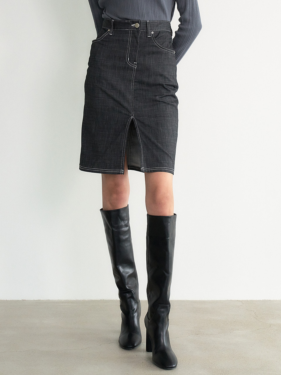 [Fabric from JAPAN] Washable Denim-like mini skirt (Grey)