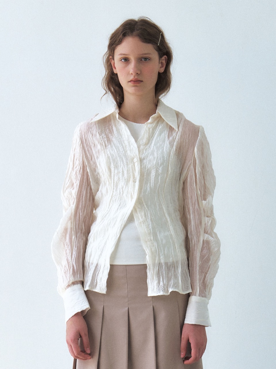 See-through tuck sleeve crinkle shirt - Ivory