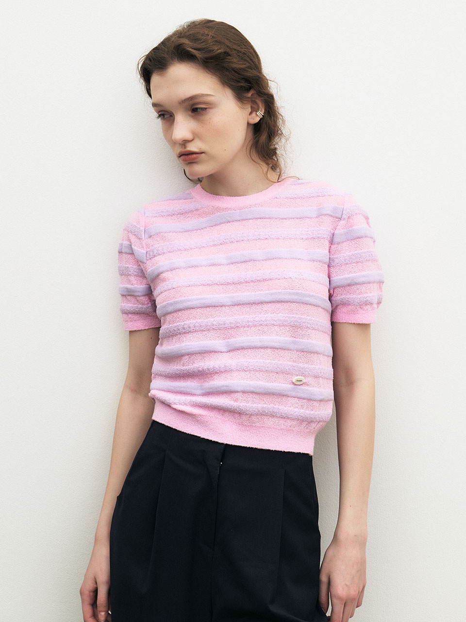 [5/3일 이후 배송] Bouble stripe half sleeve crop knit - Pink