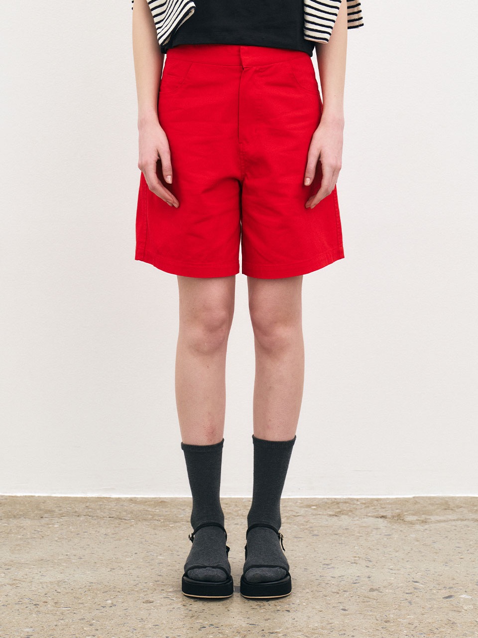 Color denim short pants - Red