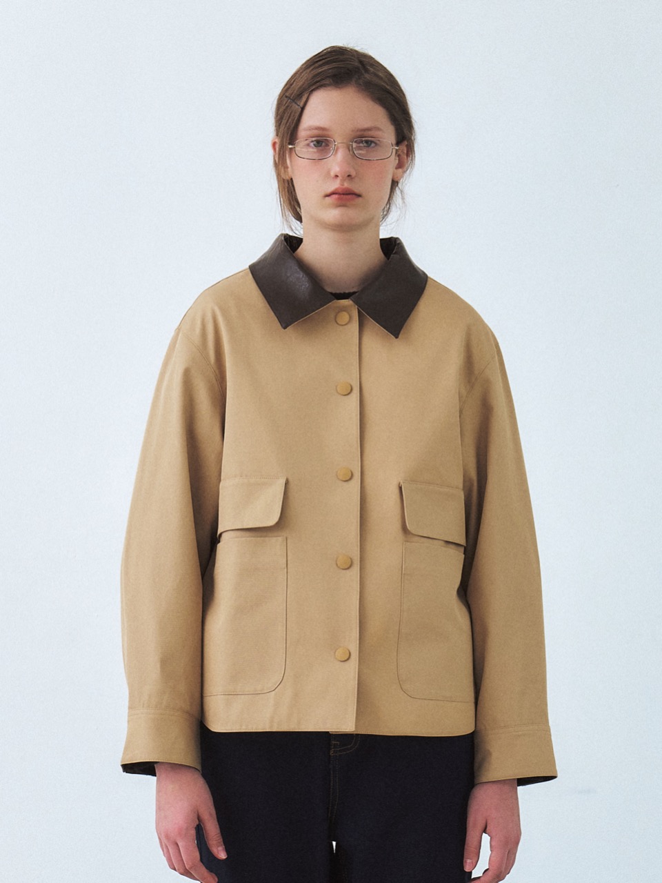 [9/25배송] Leather collar point pocket shirt jacket - Beige