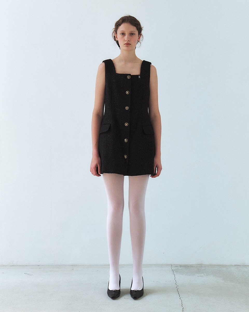 [10/31 발송] Holi twinkle tweed square vest black mini dress